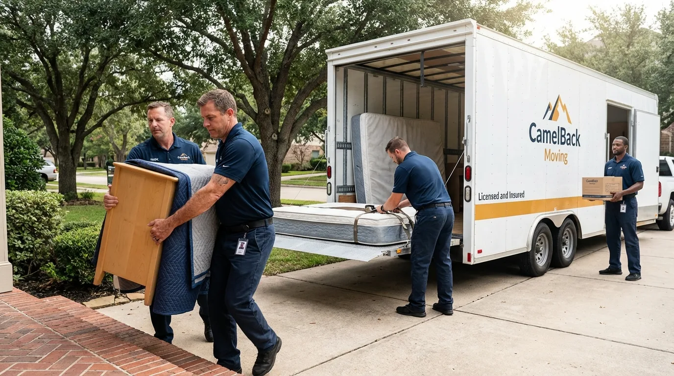 Crew loading residential truck for cross-state move from Needville, TX