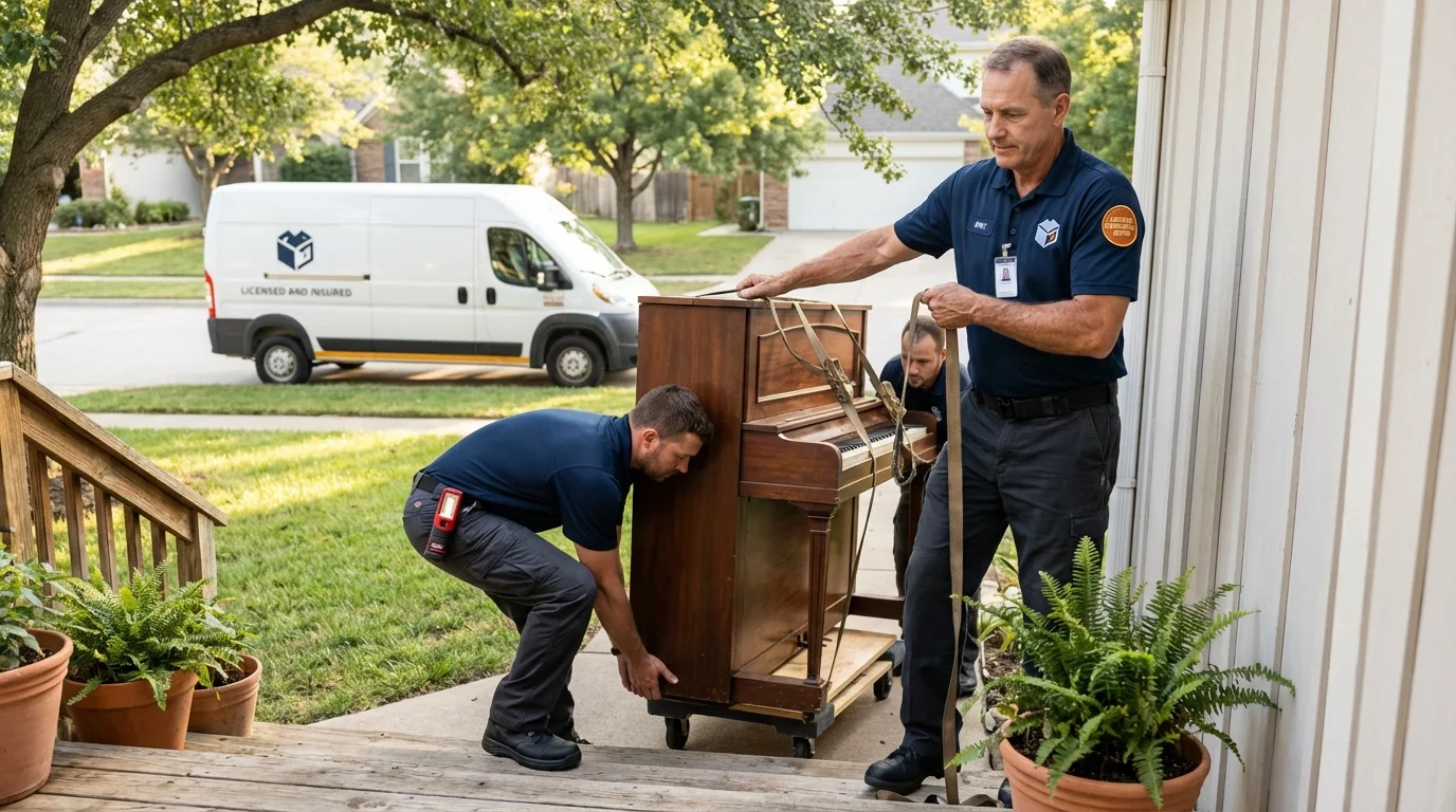 Licensed piano movers securing grand piano in Needville, TX
