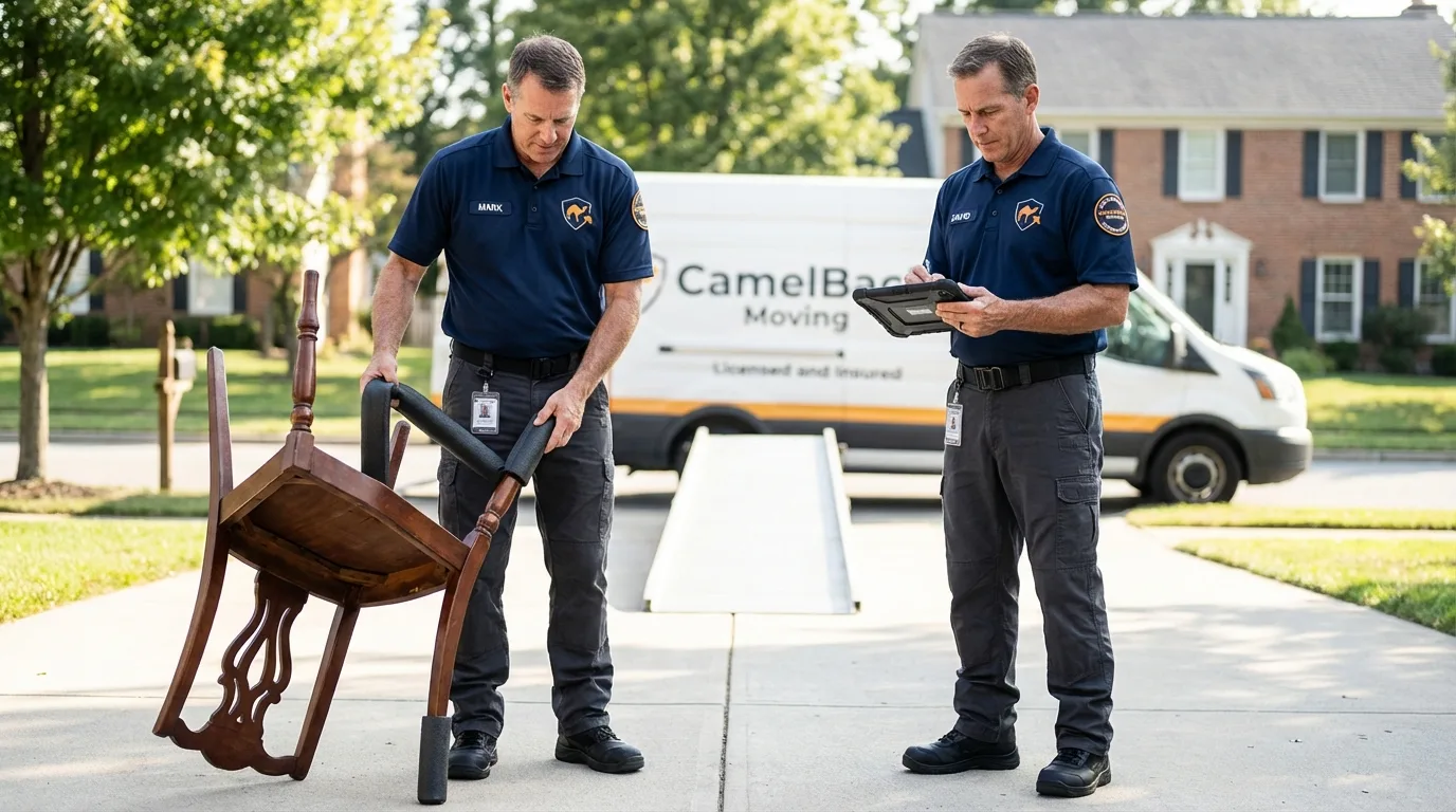 Movers inspecting furniture for damage prevention before loading in Needville, TX