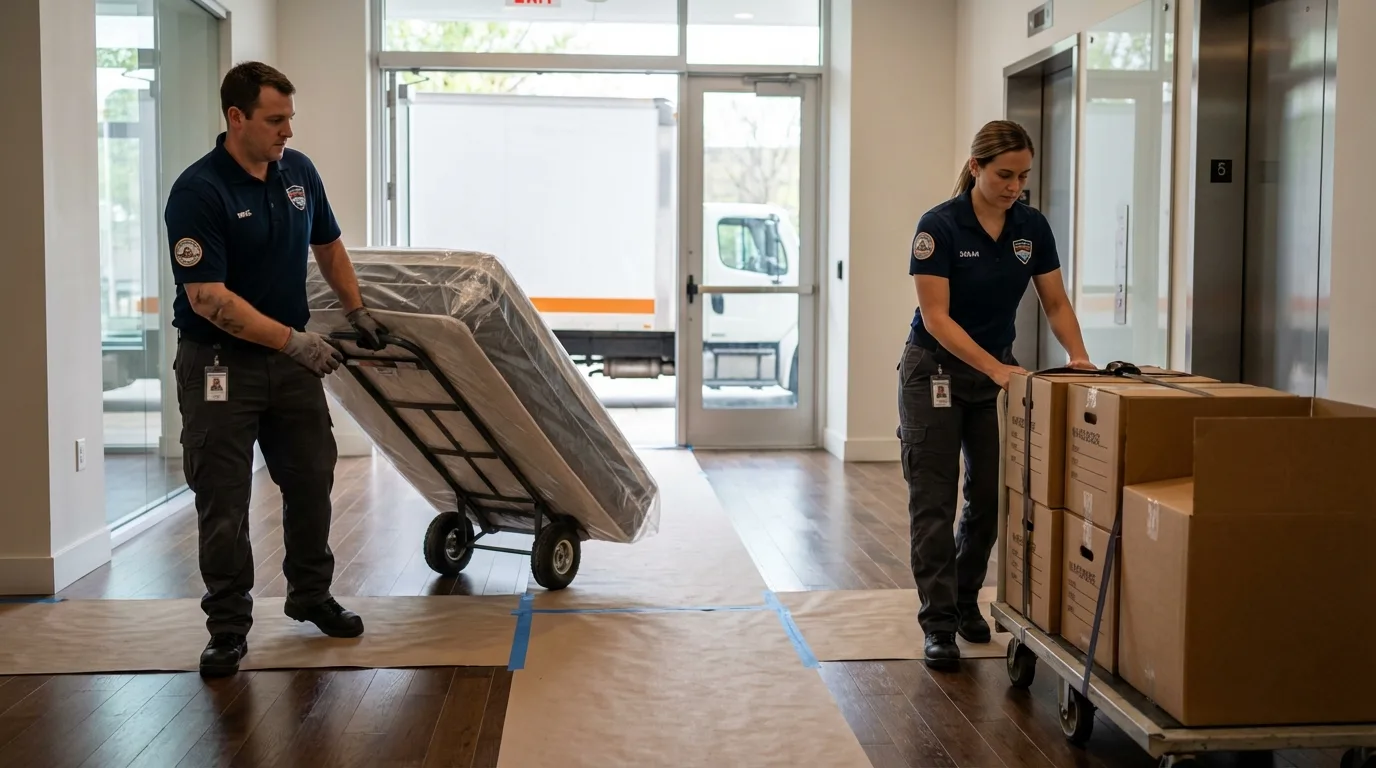 Professional apartment movers loading elevator in Needville, TX